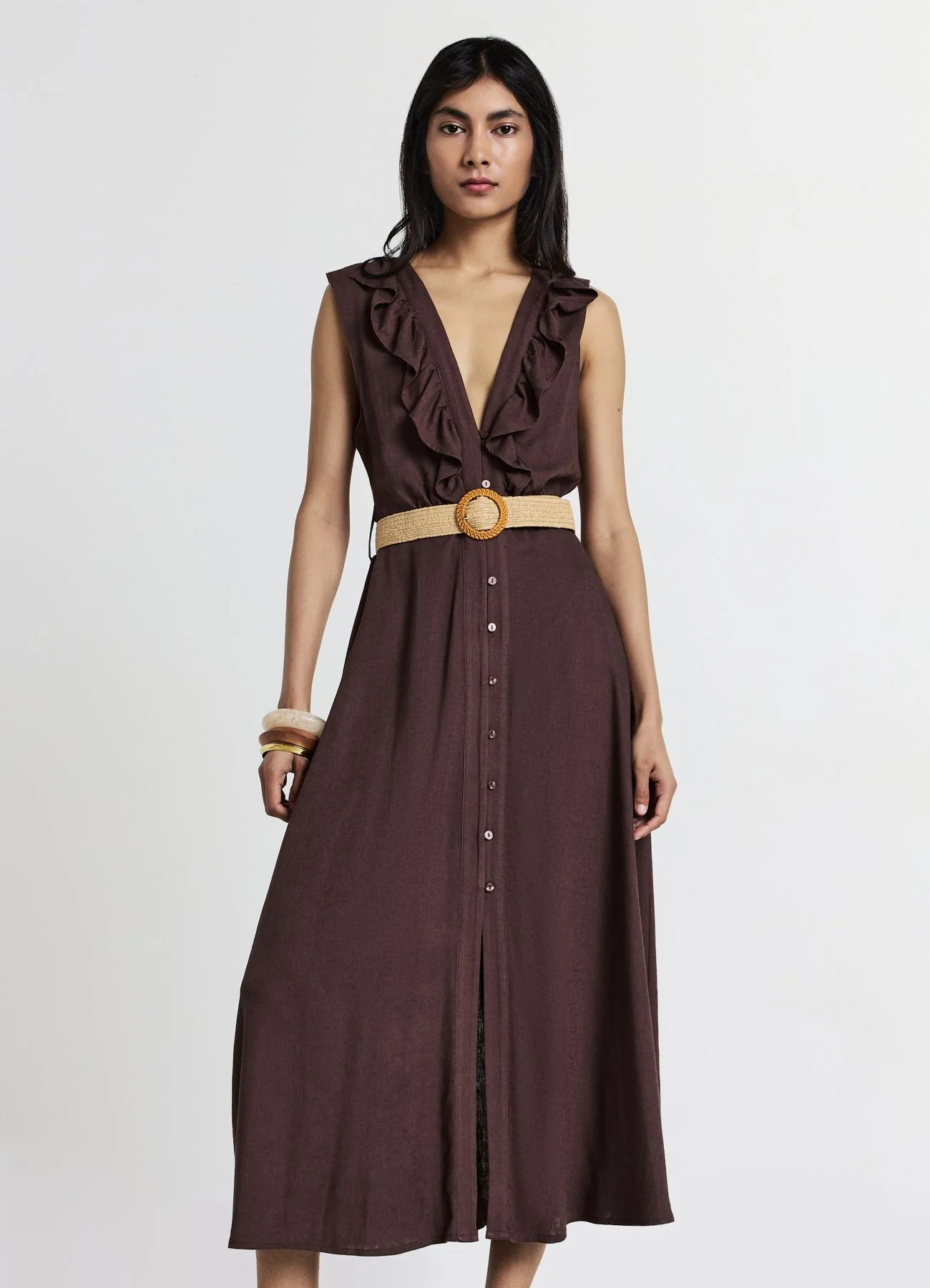 Abito chemisier con frill e cintura