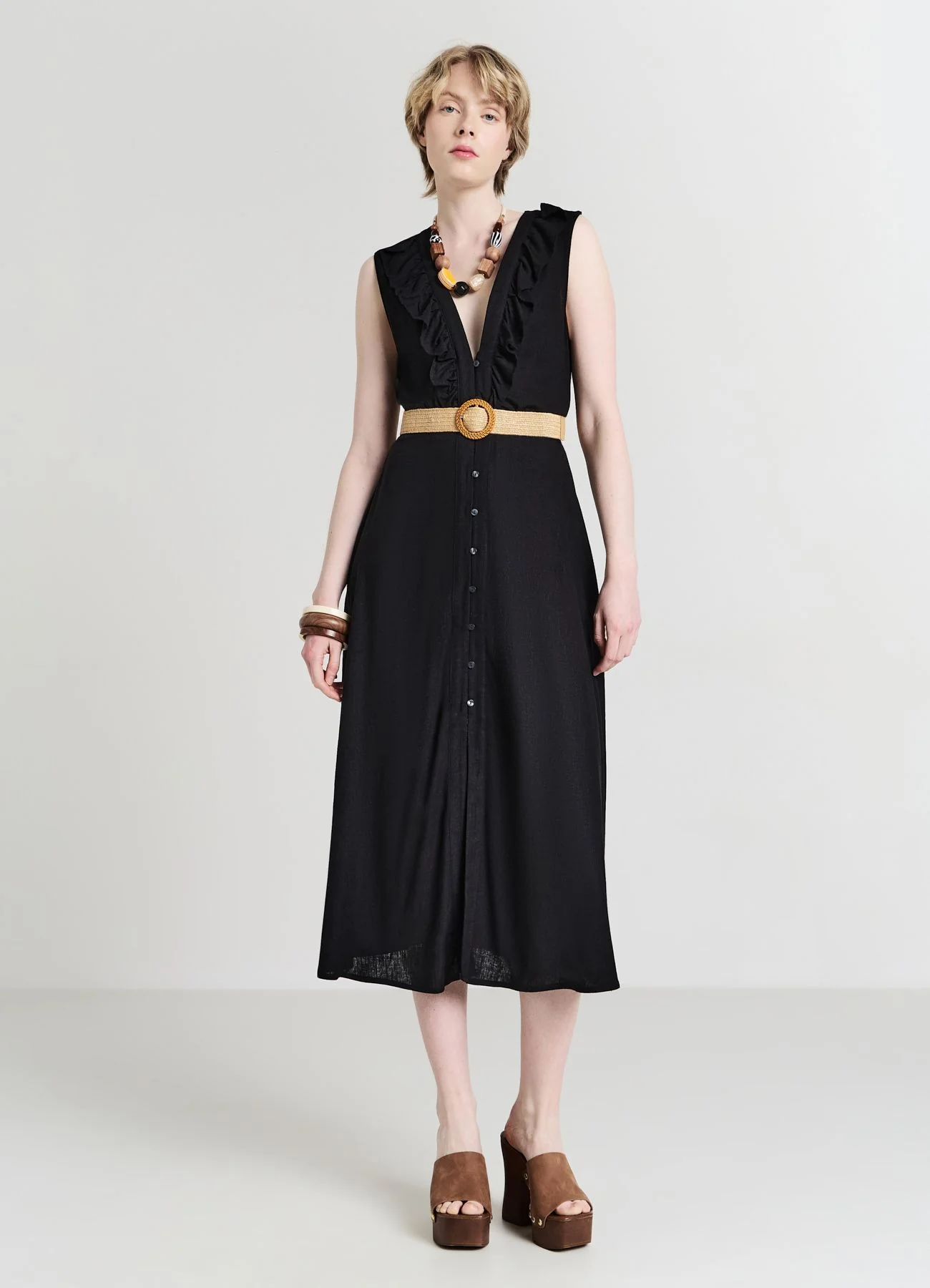 Abito chemisier con frill e cintura