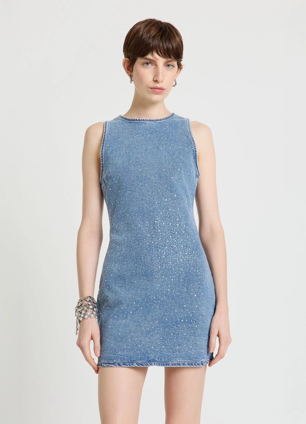 Abito denim corto con strass - Image 3