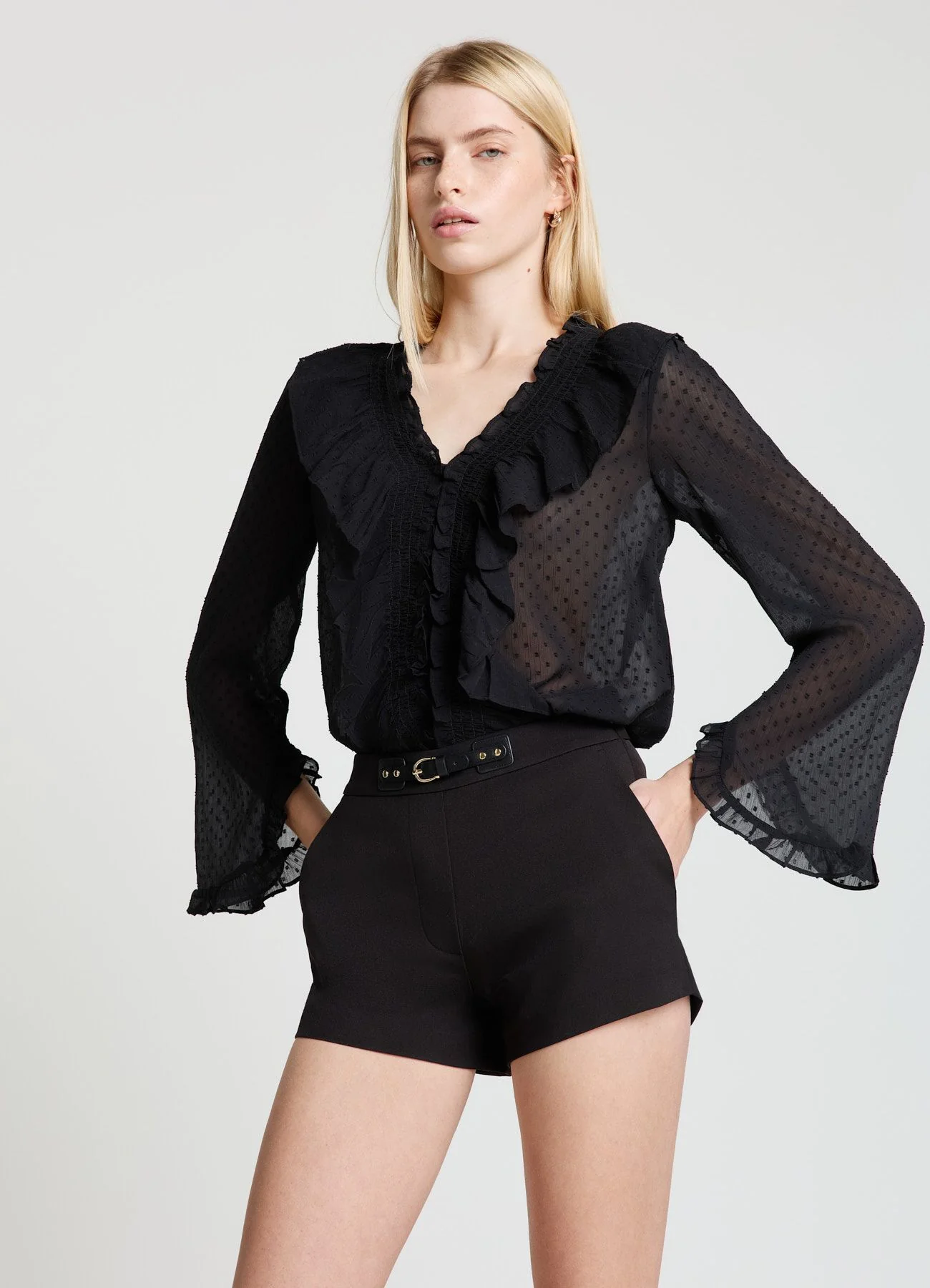 Blusa tinta unita con volant - Image 7