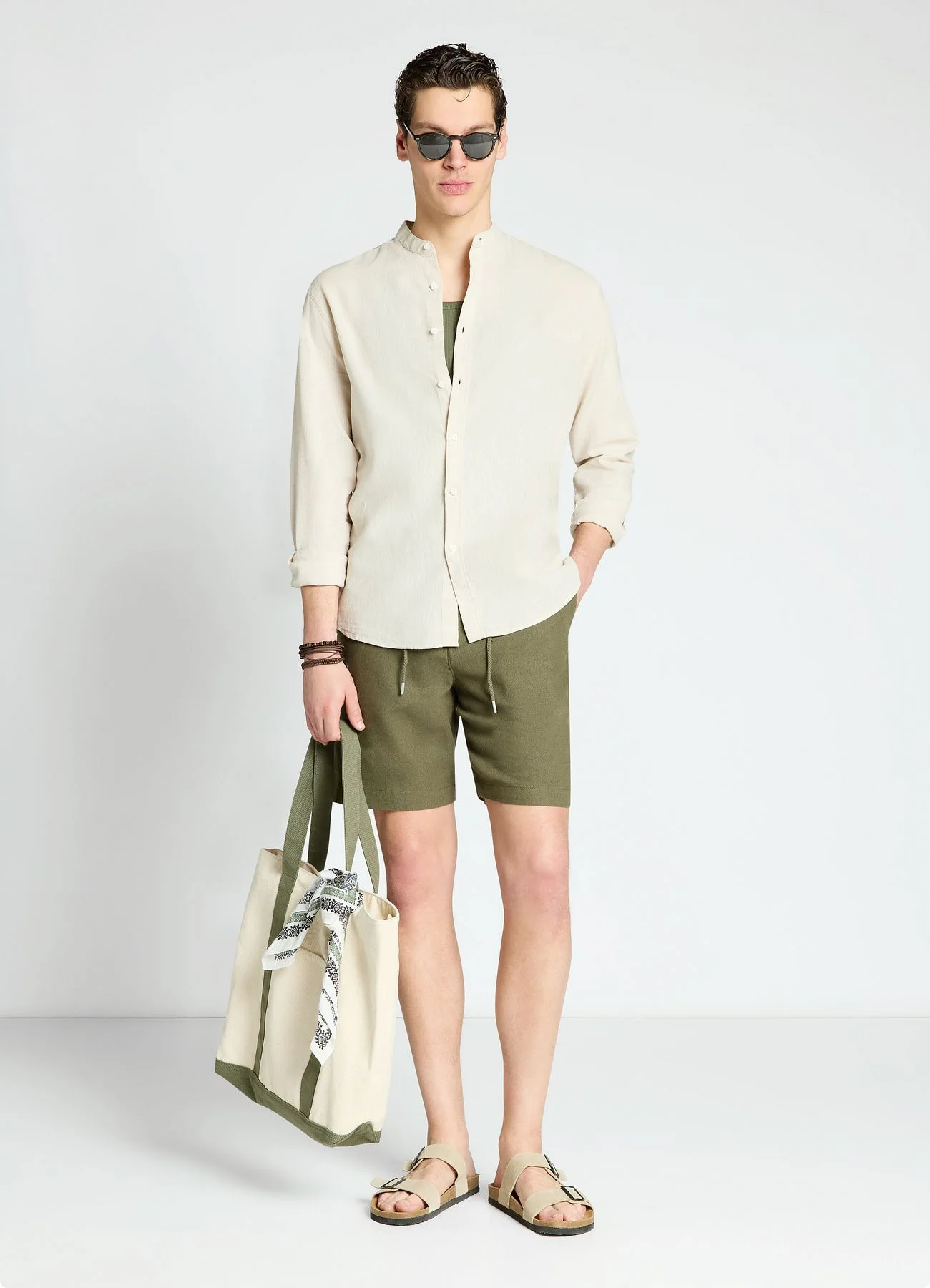 Camicia con collo coreana misto lino - Image 2