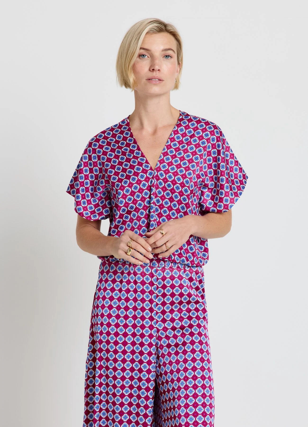 Camicia kimono similsatin a fantasia