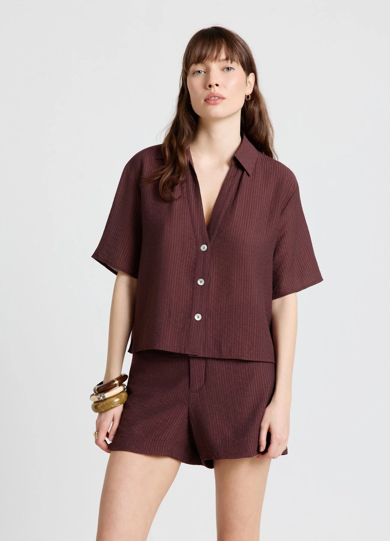 Camicia maniche corte a righe tono su tono - Image 2