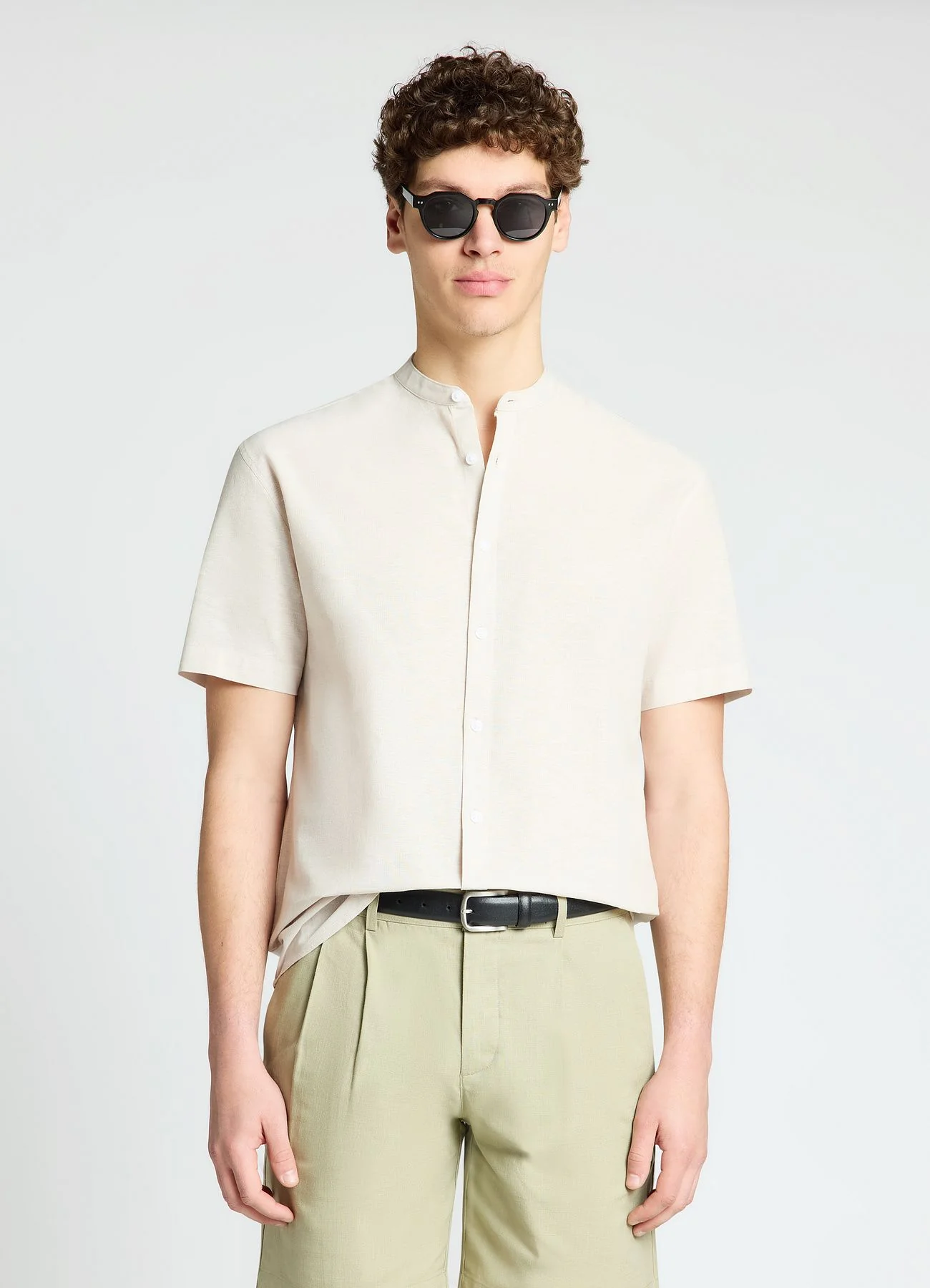 Camicia misto lino con collo coreana