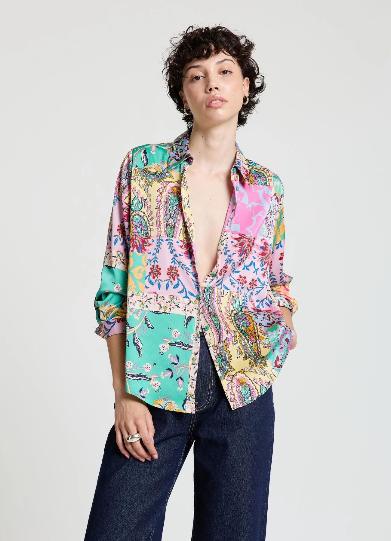 Camicia similsatin stampa patchwork