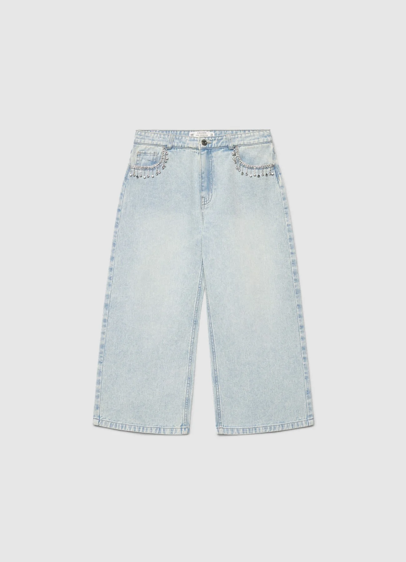 Jeans crop wide leg con catene di strass