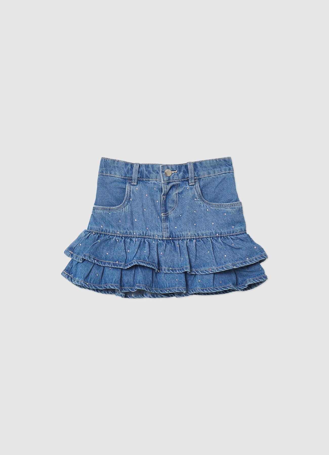 Minigonna denim con balze e strass - Image 3