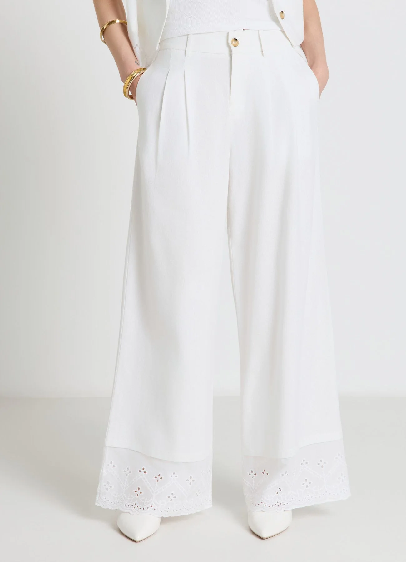 Pantaloni palazzo con balza sangallo