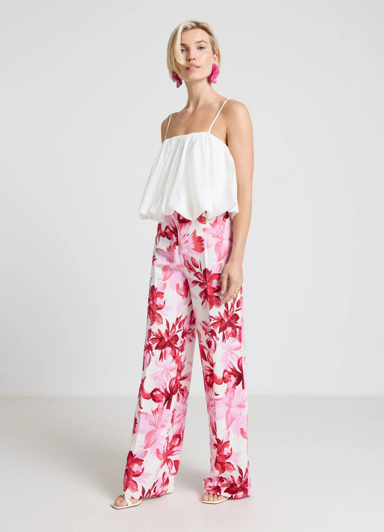 Pantaloni palazzo similsatin con stampa floreale