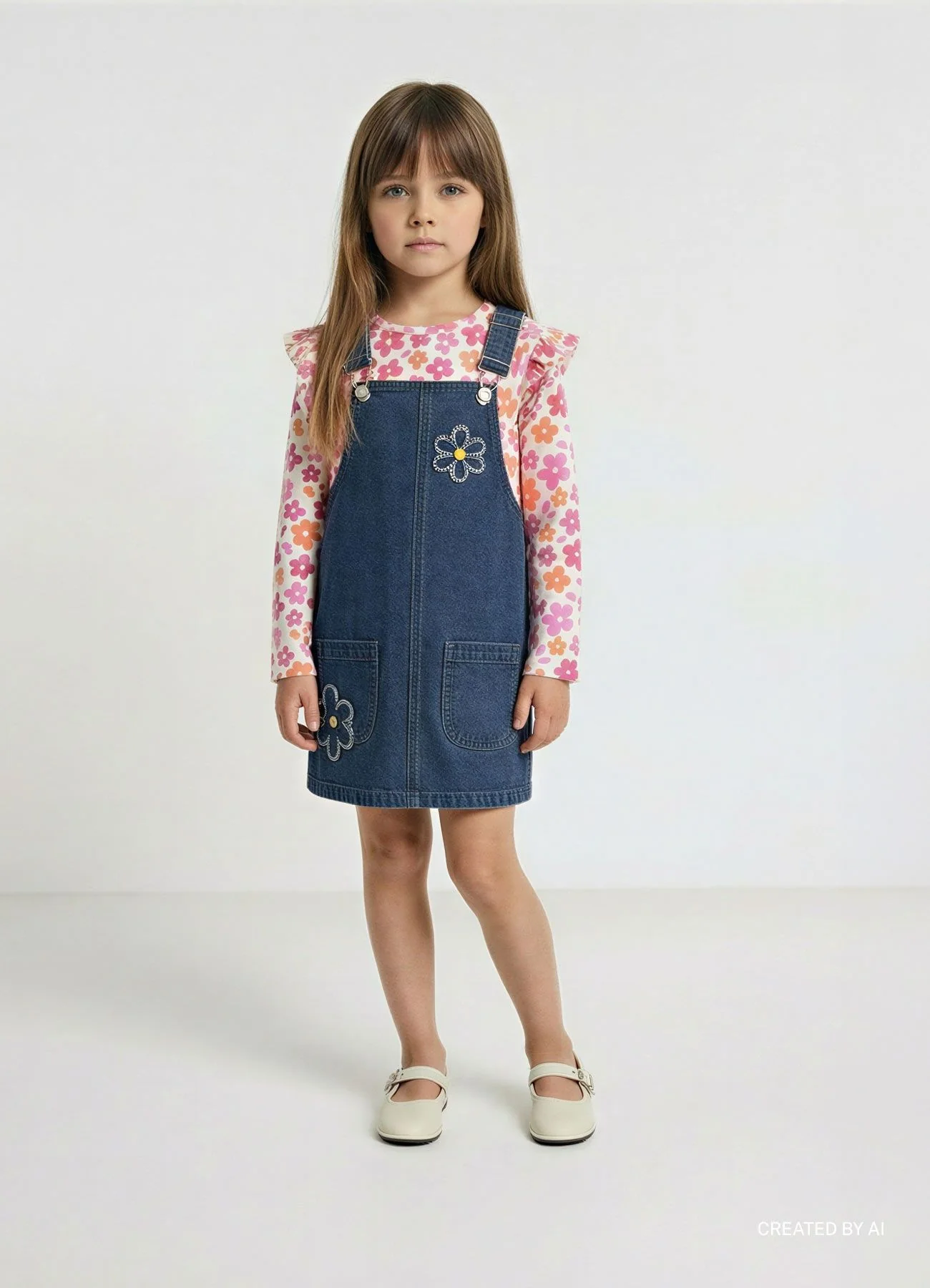 Salopette in denim con ricami floreali