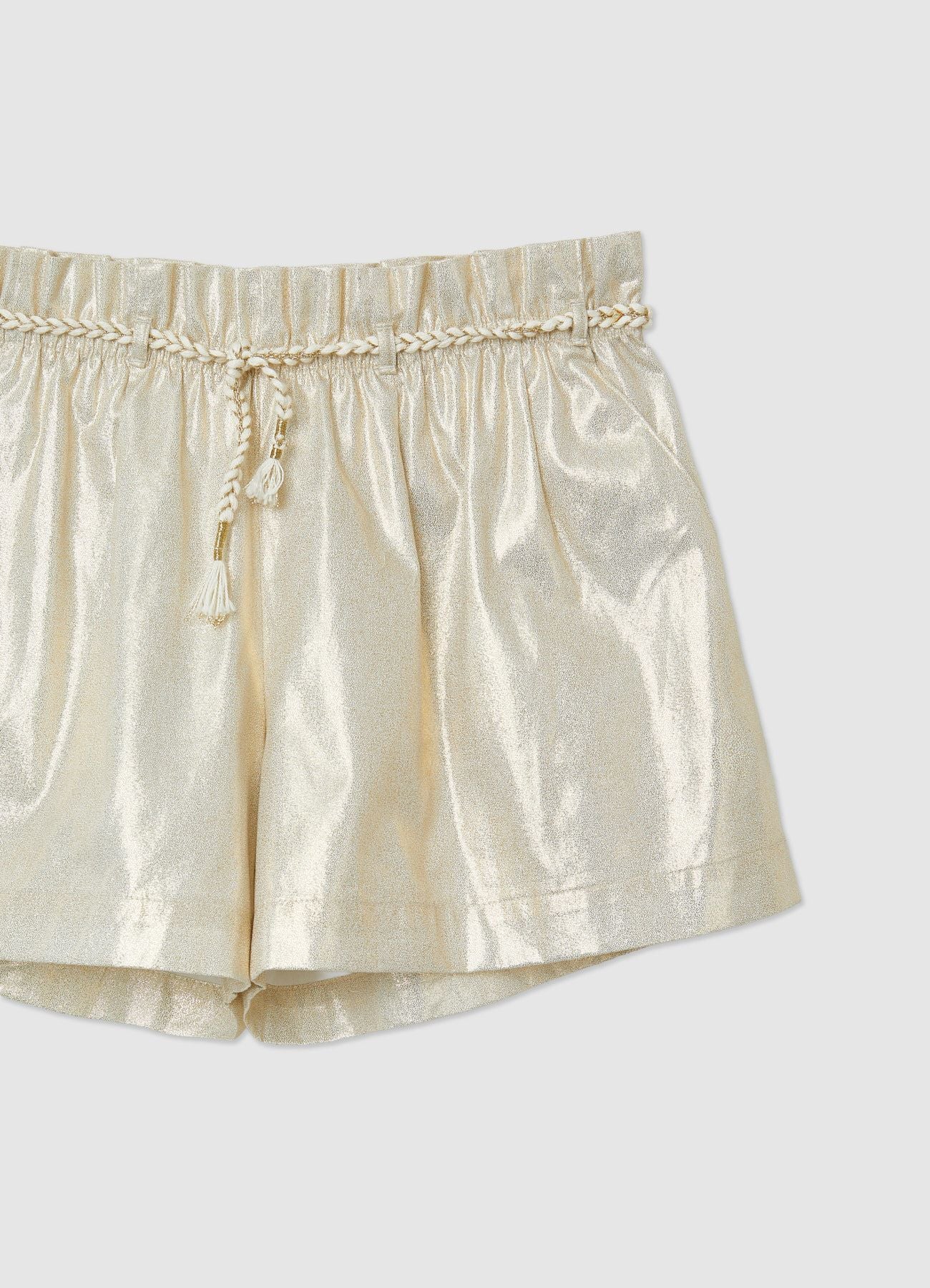 Shorts con finitura laminata e coulisse