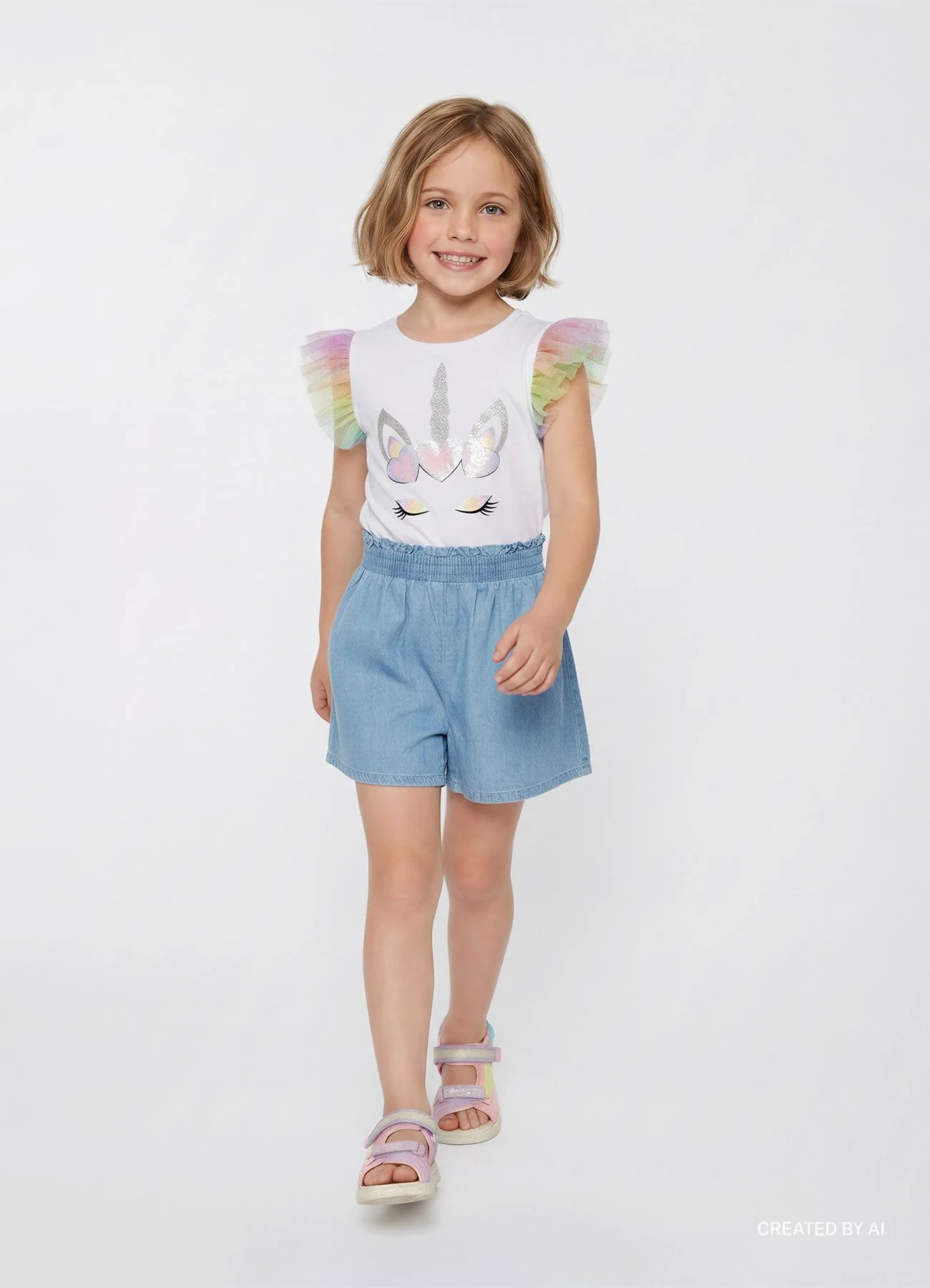 Shorts denim con vita elasticizzata a tinta unita - Image 4