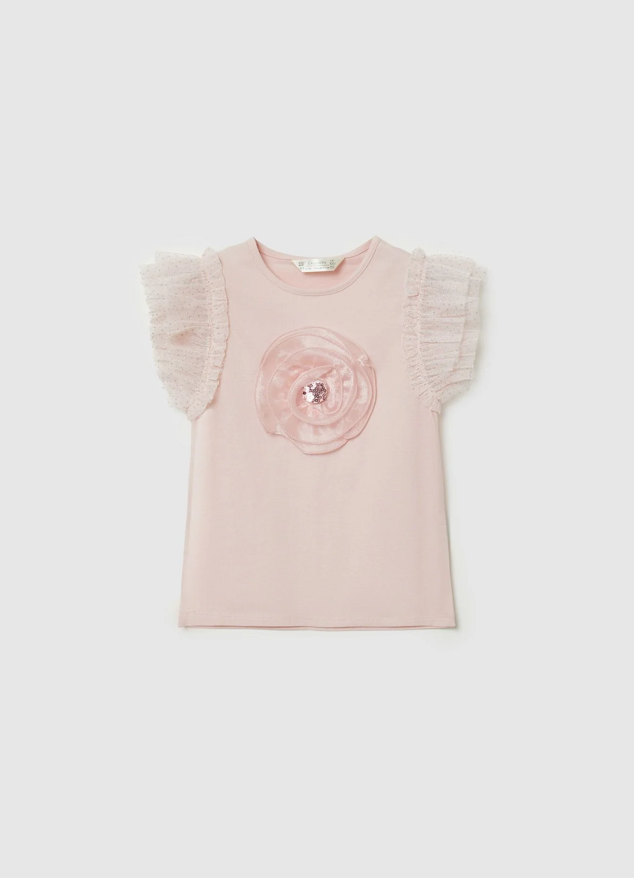 T-shirt maniche balze fiore applicato