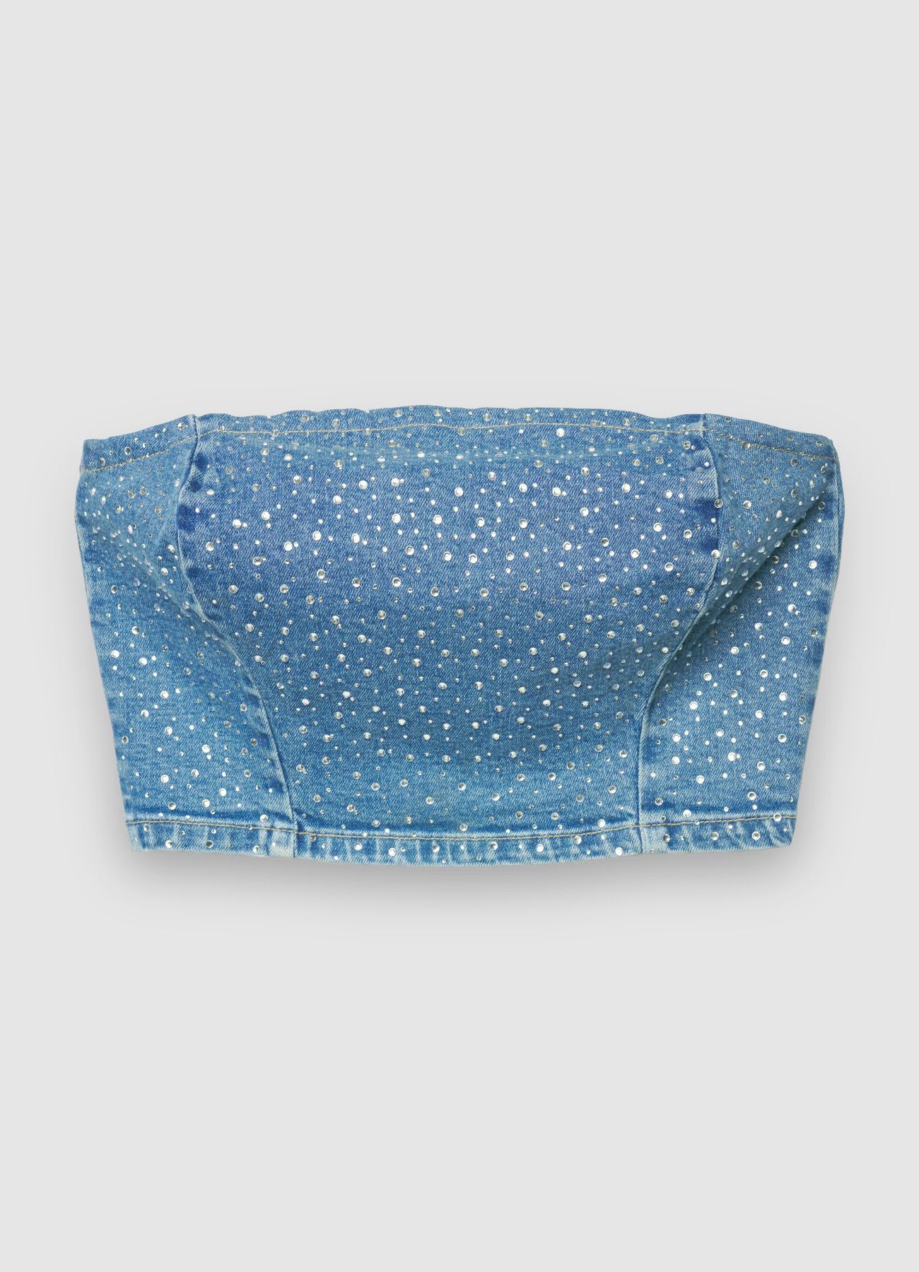 Top a fascia in denim con strass - Image 4