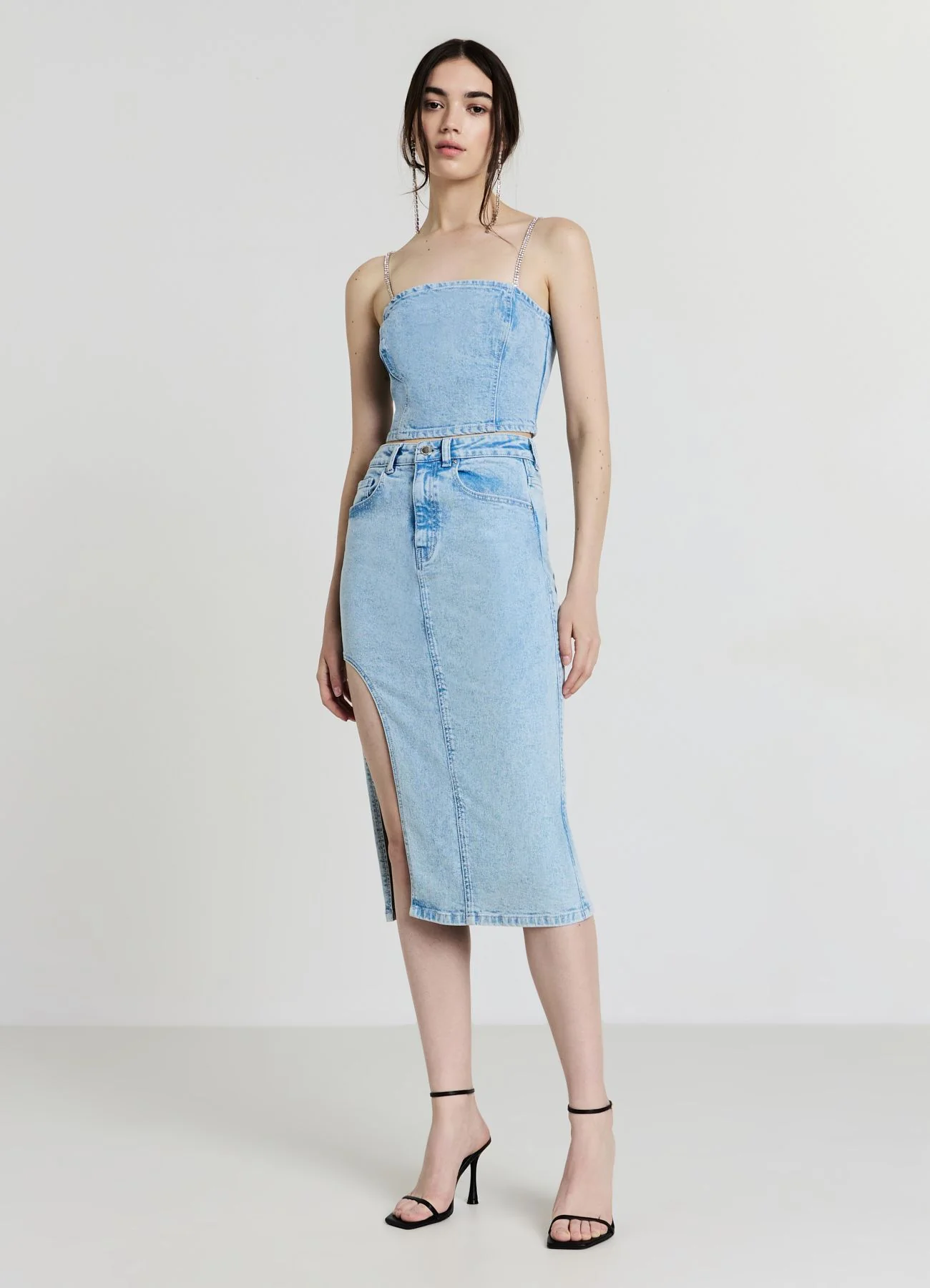 Top denim spalline strass