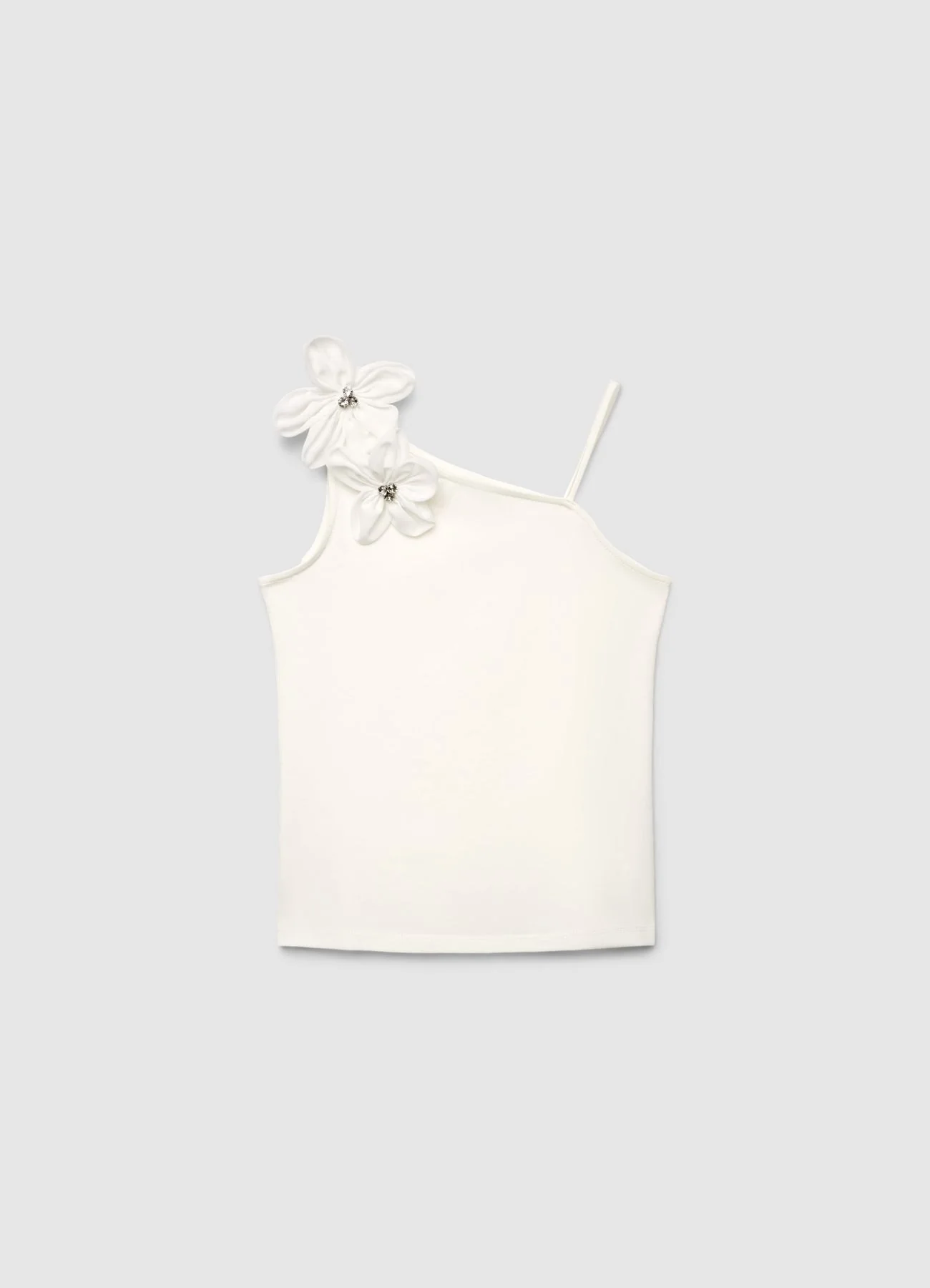 Top monospalla con fiori applicati