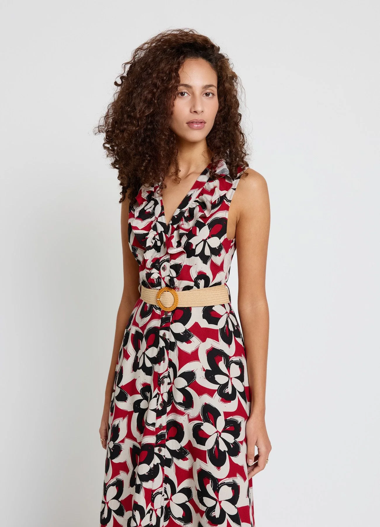 Vestito chemisier stampa fiori con frill e cintura - Image 2