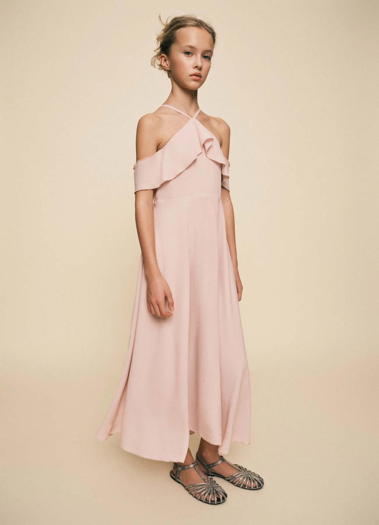 Vestito lungo con balze e spalline incrociate - Image 5