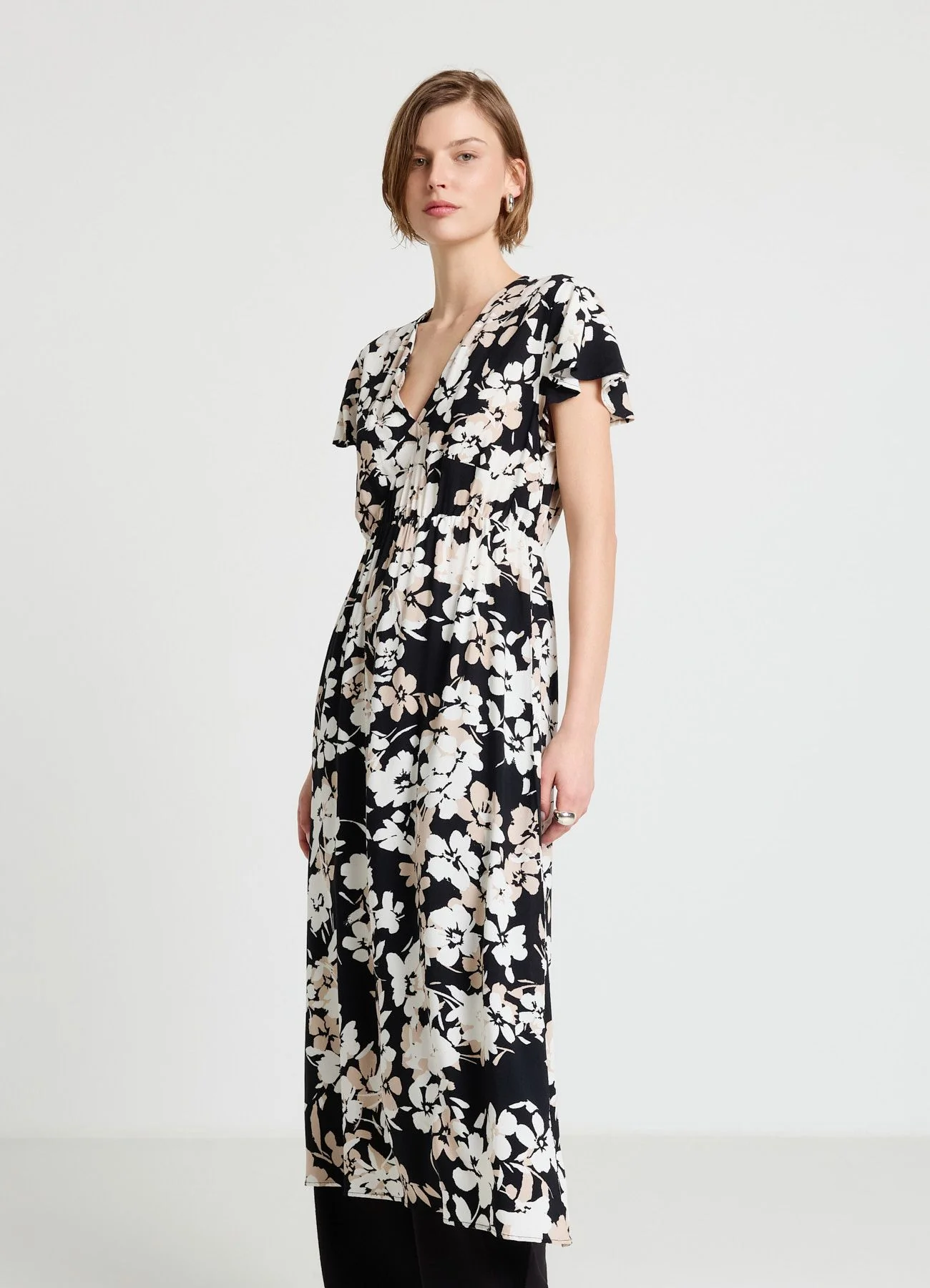 Vestito midi con stampa fiori e scollo a V - Image 2